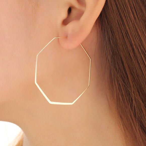 NEW 14K Gold Plated Octagonal Geometric Hoop Earrings - Picture 1 of 5